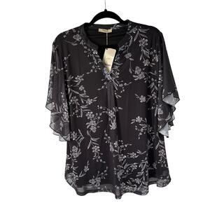 Timeson Black White Floral Mesh Lined Flutter Sleeve Blouse NWT